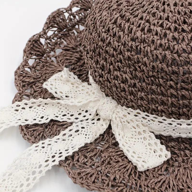 Lace Ribbon Bowknot Sun Hat Hollow Breathable Wide Brim Straw Hat Elegant Crochet Woman Flat Fedora Cap For Travel Beach - ACCEHUT