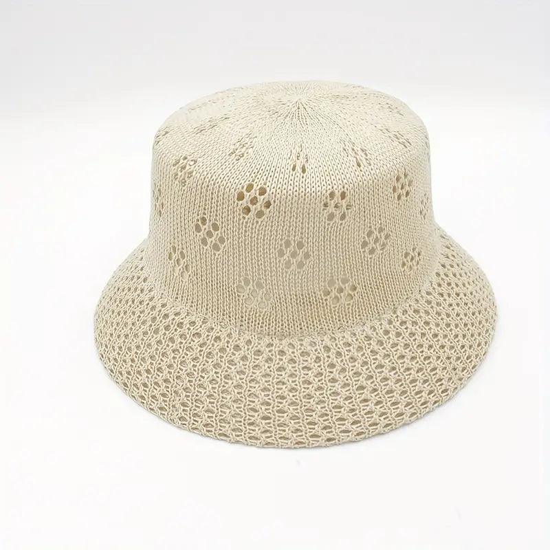 Short Brim Beige Bucket Hat Hollow Crochet Breathable Straw Hat Spring And Summer Sun Cap Outdoor Travel Beach Hat For Women - ACCEHUT