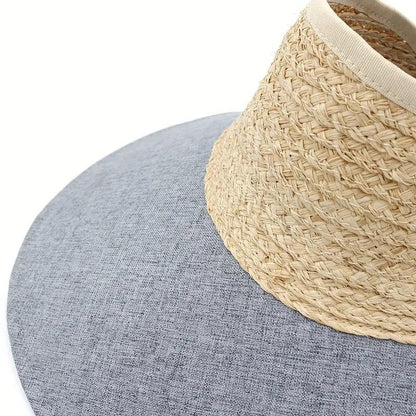 Wide Brim Gray Visor Hat Trend Sun Protection Adjustable Straw Hat Color Block Ponytail Sun Hats For Sporting Traveling - ACCEHUT