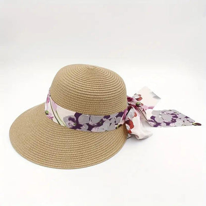 Irregular Brim Brown Sun Hat Elegant Sunscreen Straw Hats Printed Ribbon Bowknot Decor Bucket Hat For Beach Travel Holiday - ACCEHUT