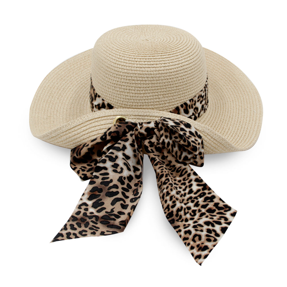 Wide Brimmed Leopard Print Bow Ribbon Sun Hat Elegant Straw Hat - ACCEHUT