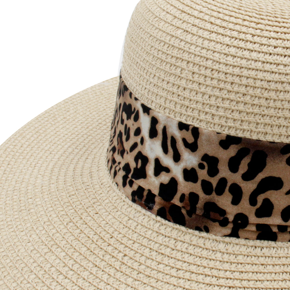 Wide Brimmed Leopard Print Bow Ribbon Sun Hat Elegant Straw Hat - ACCEHUT