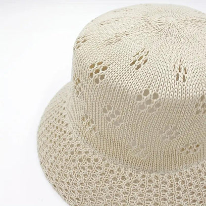 Short Brim Beige Bucket Hat Hollow Crochet Breathable Straw Hat Spring And Summer Sun Cap Outdoor Travel Beach Hat For Women - ACCEHUT