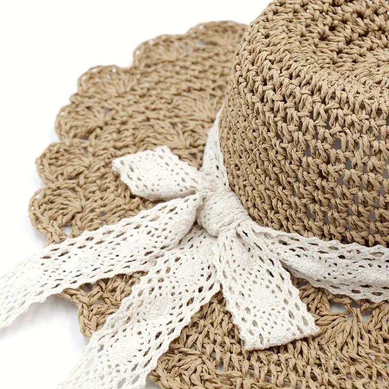 Lace Ribbon Bowknot Sun Hat Hollow Breathable Wide Brim Straw Hat Elegant Crochet Woman Flat Fedora Cap For Travel Beach - ACCEHUT