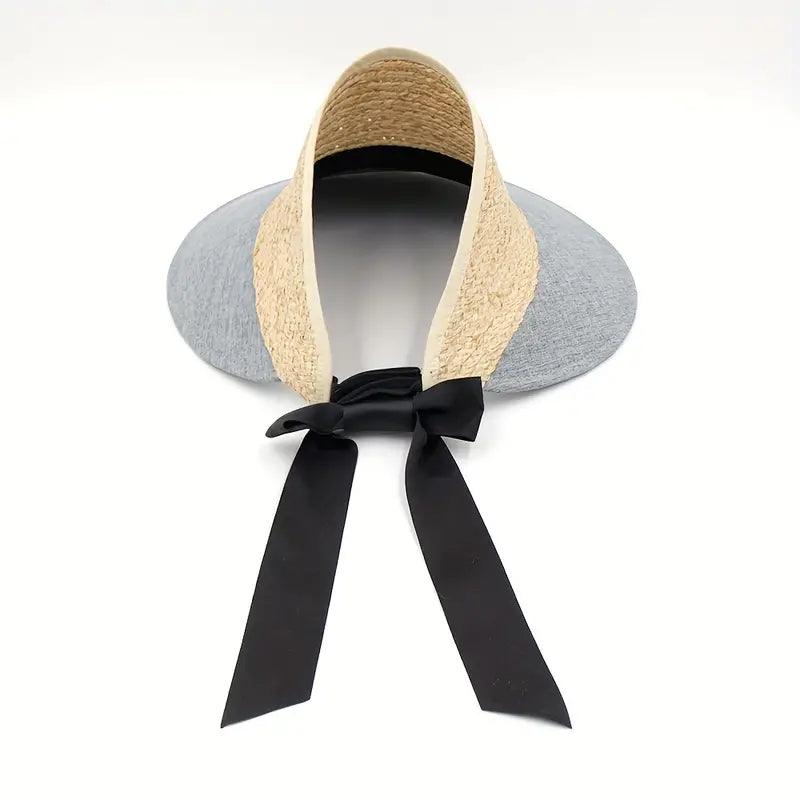 Wide Brim Gray Visor Hat Trend Sun Protection Adjustable Straw Hat Color Block Ponytail Sun Hats For Sporting Traveling - ACCEHUT