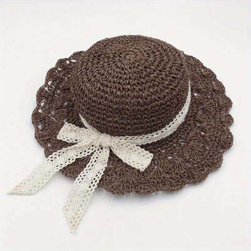 Lace Ribbon Bowknot Sun Hat Hollow Breathable Wide Brim Straw Hat Elegant Crochet Woman Flat Fedora Cap For Travel Beach - ACCEHUT