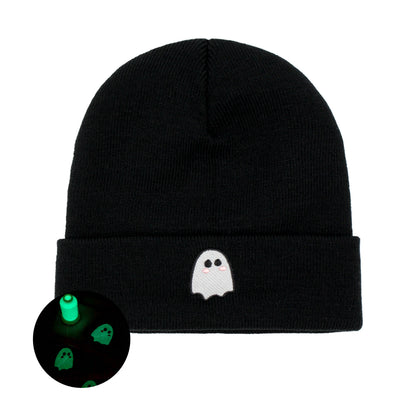 Cute Ghost Graphic Beanie Fluorescent Halloween Cartoon Knit Hats Black Cuffed Beanies Casual Skull Cap For Women & Men - ACCEHUT