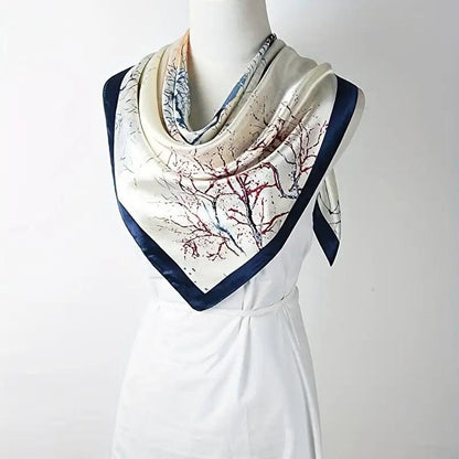 Classic Tree Print Square Scarf Vintage Tie Dye Bandana Imitation Silk Head Wrap Casual Shawl Hair Accessories - ACCEHUT