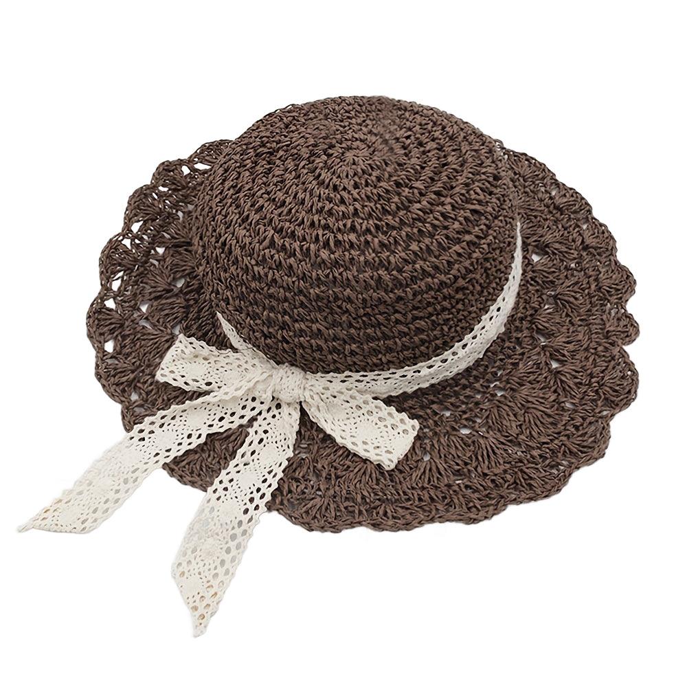 Lace Ribbon Bowknot Sun Hat Hollow Breathable Wide Brim Straw Hat Elegant Crochet Woman Flat Fedora Cap For Travel Beach - ACCEHUT