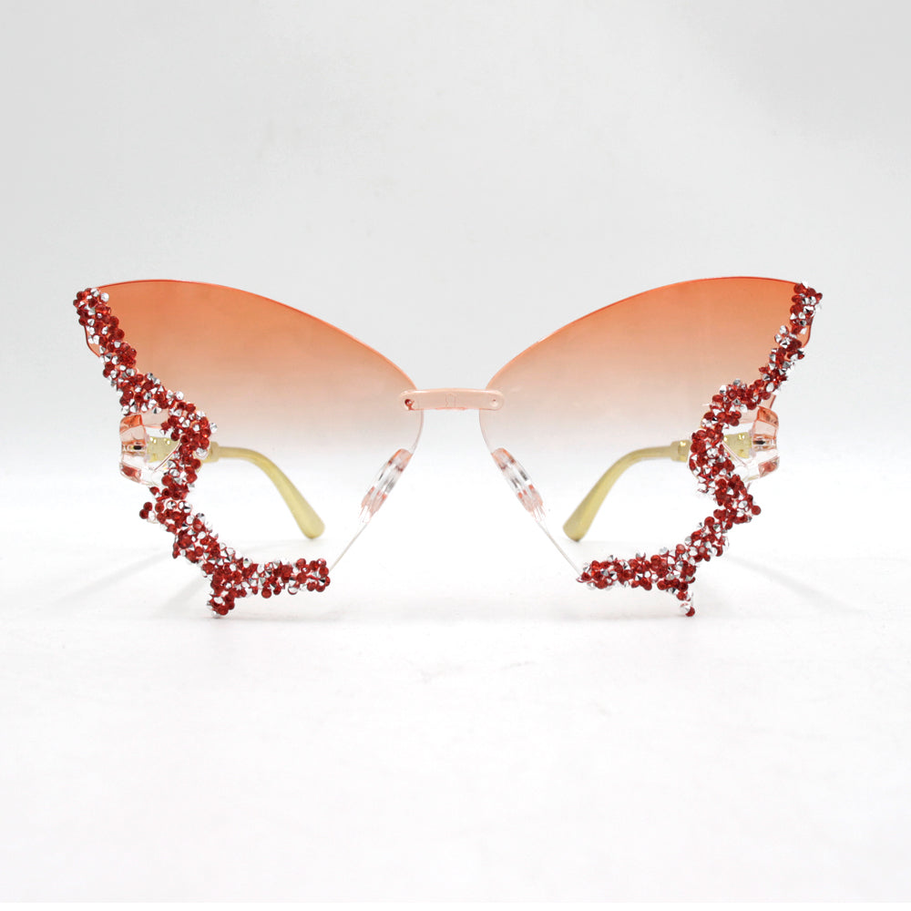 Novel diamond-encrusted butterfly-shaped sunglasses for women, fashionable and unique, bold frameless black sunglasses