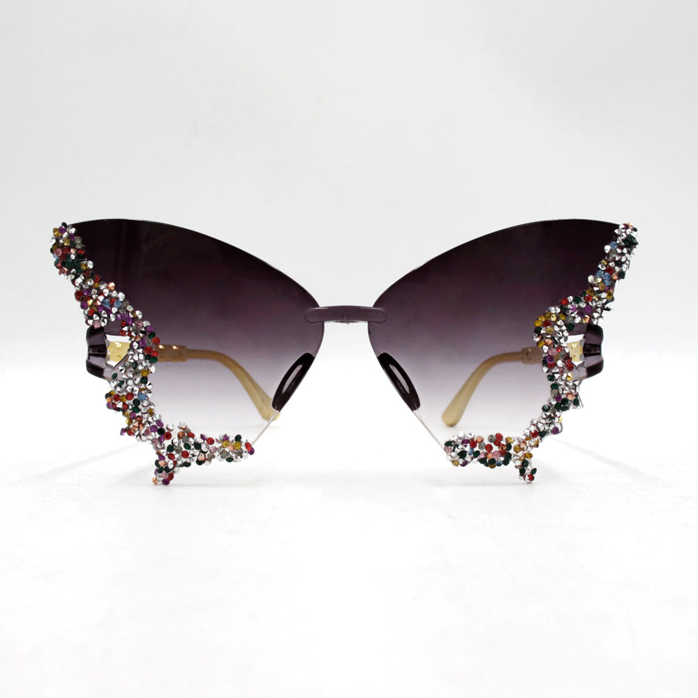 Novel diamond-encrusted butterfly-shaped sunglasses for women, fashionable and unique, bold frameless black sunglasses