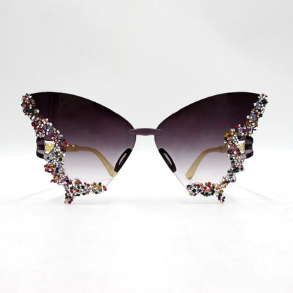 Novel diamond-encrusted butterfly-shaped sunglasses for women, fashionable and unique, bold frameless black sunglasses